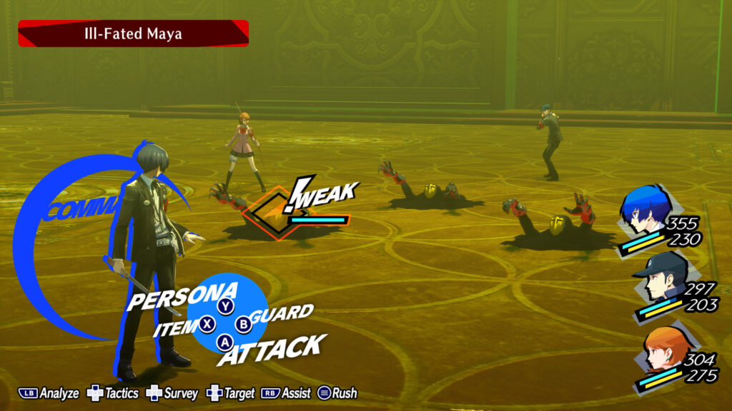 Persona 3 Reload capture montrant un combat stratégique au tour par tour