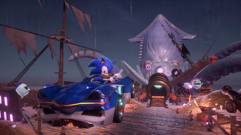 Course intense dans Sonic Racing CrossWorlds avec Sonic et Tails sur un circuit coloré