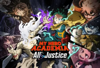 Une illustration dynamique d'Izuku Midoriya activant le One For All entouré d'éclairs verts dans un combat urbain.