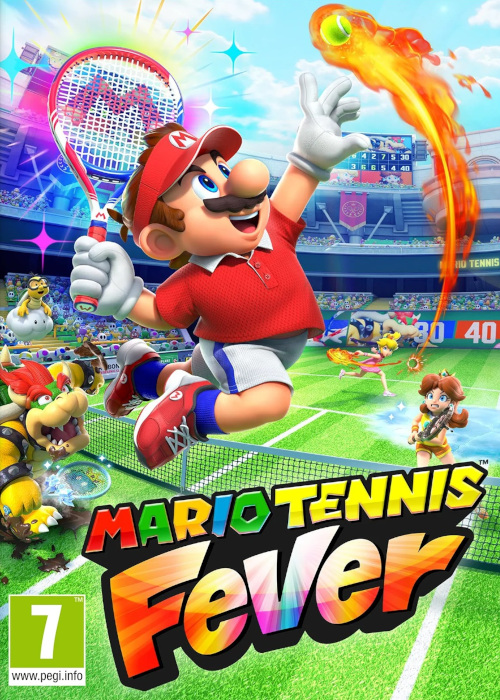 Mario effectuant un smash enflammé sur un court de tennis futuriste