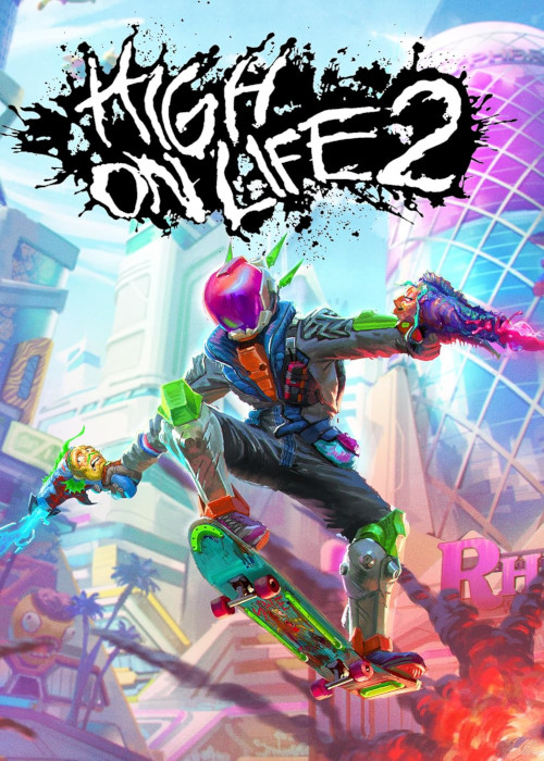 Un chasseur de primes brandissant une arme Gatlienne orange et souriante