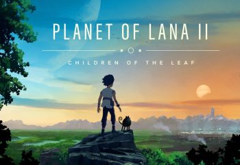 Une silhouette de jeune fille et d'une petite créature se tenant la main face à un lever de soleil sur une planète extraterrestre.