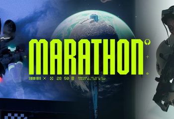 Une silhouette de mercenaire cybernétique marchant vers un portail de lumière néon dans Marathon.