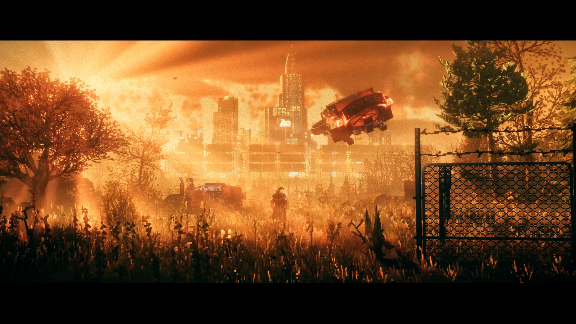 REACH marchant dans une ruelle sombre sous une pluie de pixels et de lumière néon