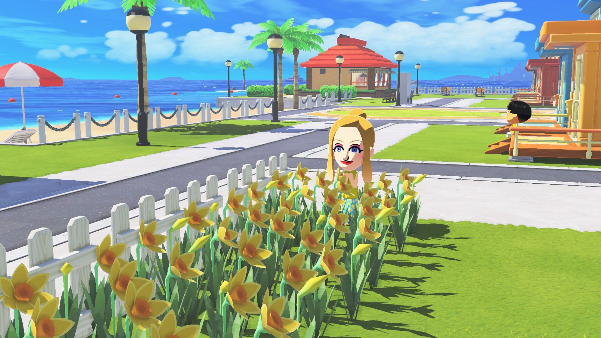 Deux personnages se promenant près de la fontaine centrale de l'île