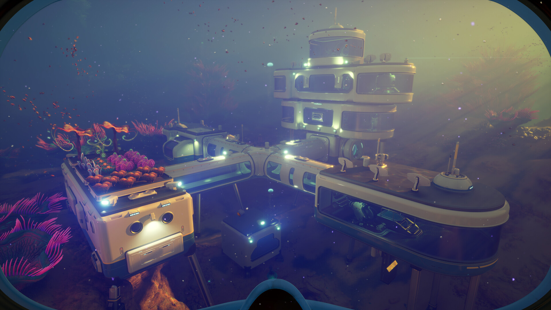Intérieur d'une base sous-marine moderne avec vue sur un récif corallien