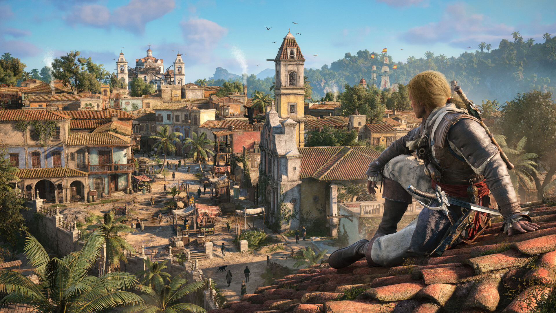 Edward Kenway exécutant un assassinat aérien depuis une ruelle espagnole