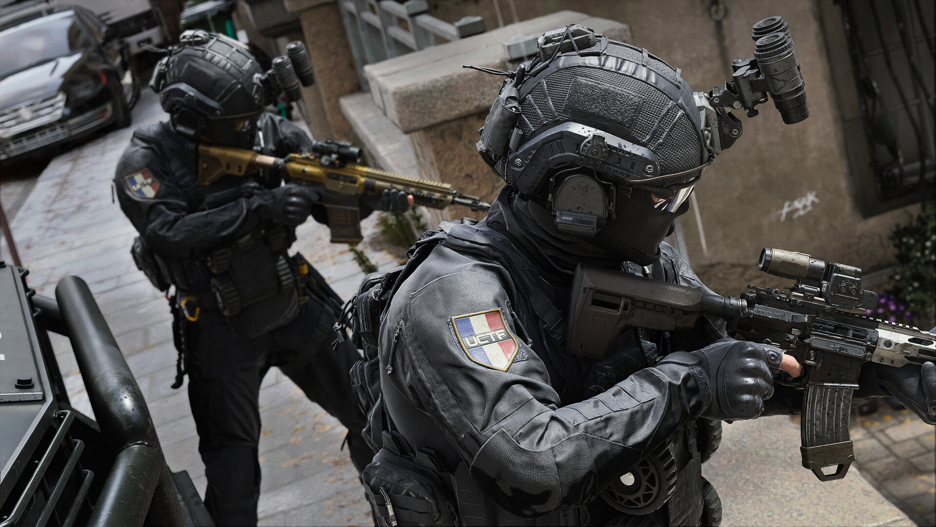 Gros plan sur la visée laser d'un fusil d'assaut personnalisé lors d'un affrontement